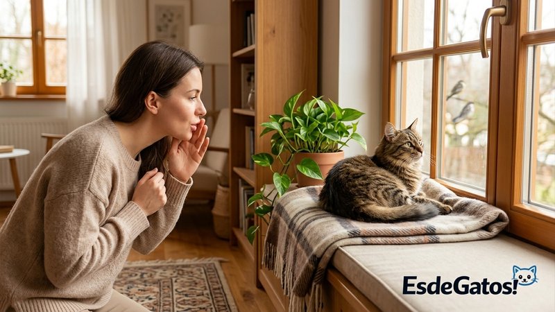 Una persona acercándose con suavidad a un gato dormido o concentrado junto a una ventana