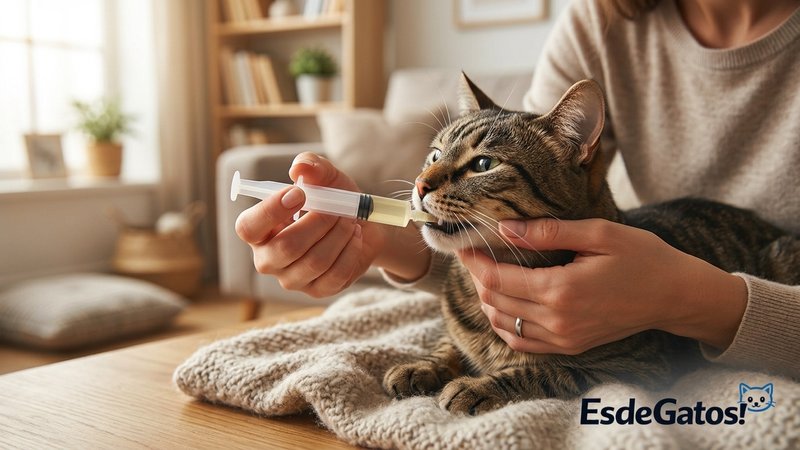 Una persona administrando con una jeringa medicina líquida por el lateral de la boca de un gato tranquilo, en casa