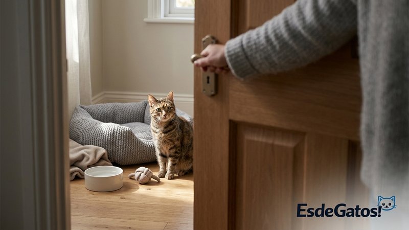 Una persona calmada dejando a un gato en una habitación tranquila durante unos minutos