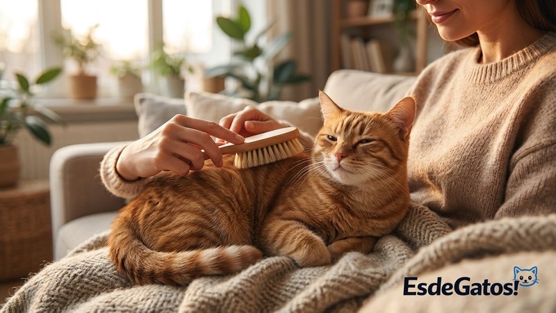 Una persona cepillando con suavidad a su gata con un cepillo blando, en un momento tranquilo