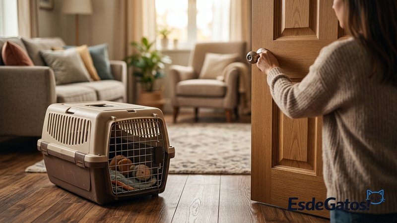 Una persona cerrando la puerta de una habitación con un transportín de plástico en el suelo del salón