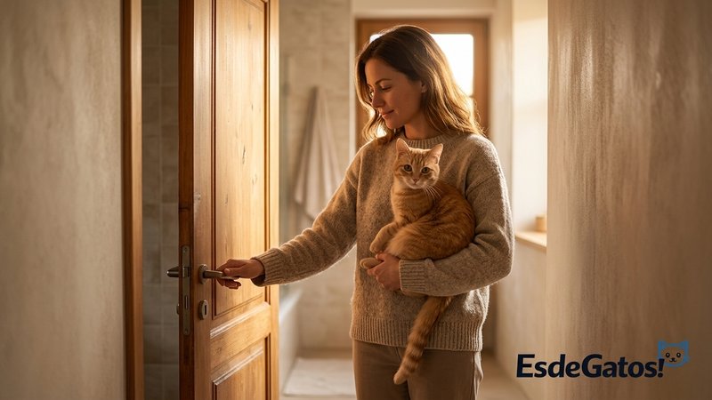 Una persona cerrando la puerta del cuarto de baño con un gato en brazos, en un ambiente tranquilo