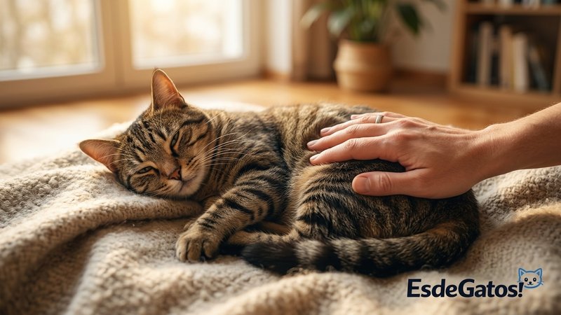 Una persona dando golpecitos suaves con la mano en la parte baja de la espalda de una gata que se deja hacer relajada