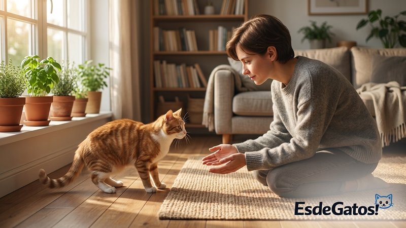 Una persona deteniéndose con paciencia ante un gato dudoso, sin forzarlo, en un ambiente tranquilo de casa