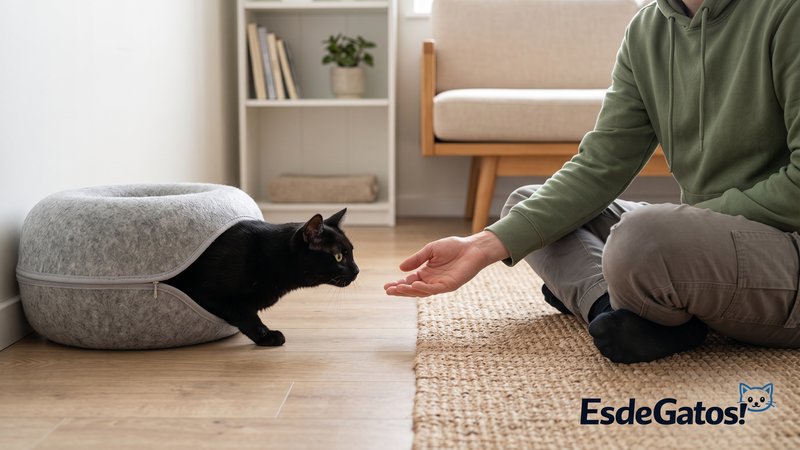 Una persona ganándose la confianza de un gato negro tímido