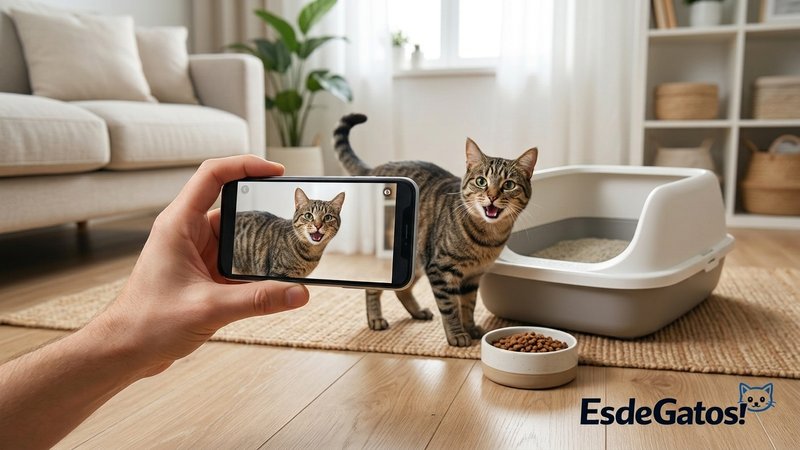 Una persona grabando con su móvil a un gato que maúlla en una situación concreta dentro