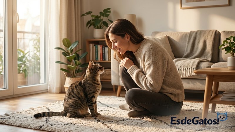 Una persona hablando con calma y cariño a su gato, agachada a su altura en el salón, en un ambiente sereno