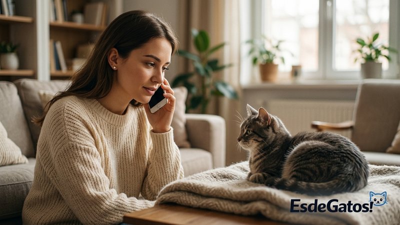 Una persona hablando por teléfono mientras mira con atención a su gato que descansa cerca