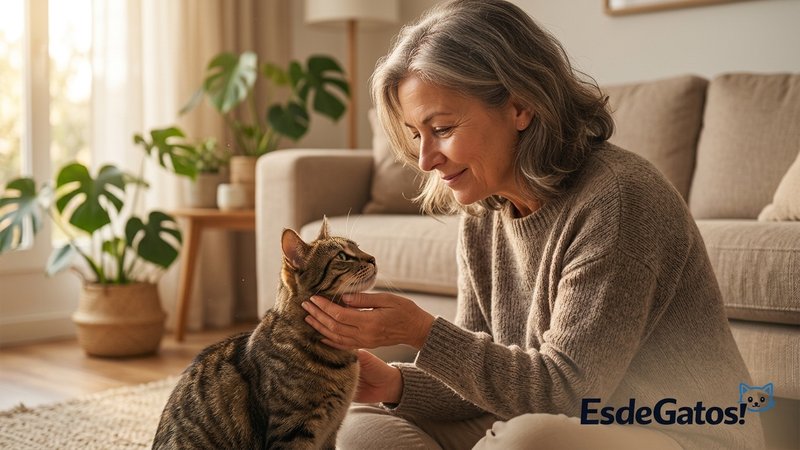 Una persona interactuando con calma y cariño con su gato en el salón, guiándolo con suavidad