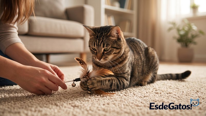 Una persona jugando correctamente con su gato usando un juguete físico tipo ratón o pluma