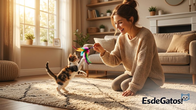 Una persona jugando con su gatito con una caña de plumas en el salón de una casa