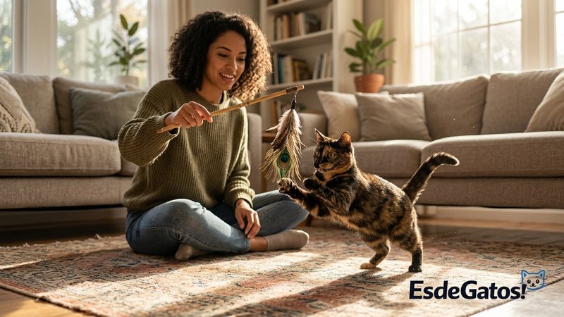 Una persona jugando con su gato con una caña de plumas en el salón de una casa