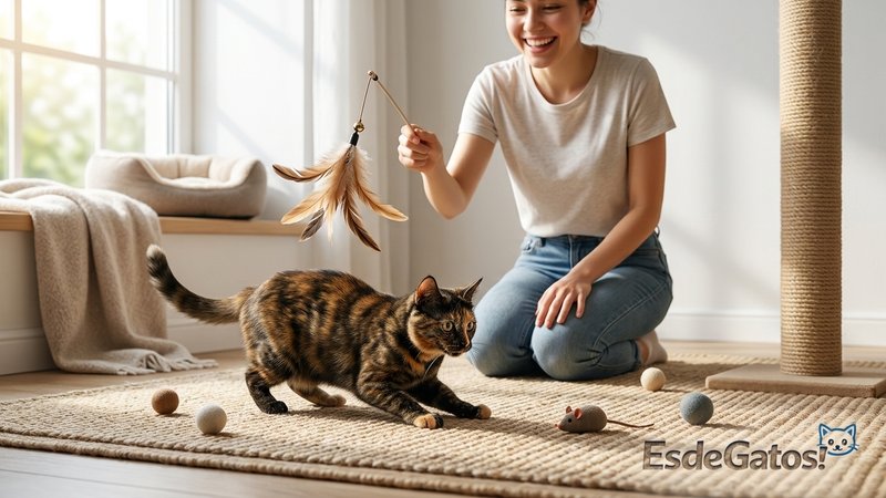 Una persona jugando con su gato usando una caña con plumas en una sala luminosa