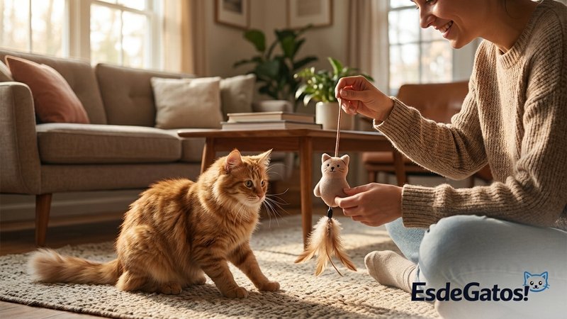 Una persona jugando con un gato con un juguete suave en el salón, en un ambiente relajado