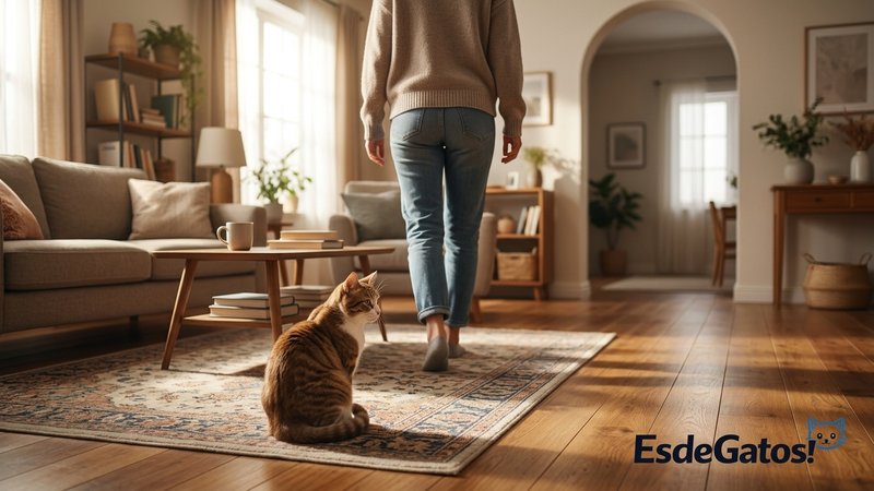 Una persona levantándose con calma del suelo del salón y alejándose, mientras el gato la observa desde la alfombra
