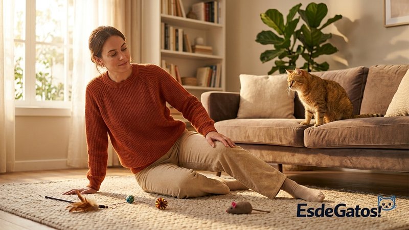 Una persona levantándose con calma del suelo del salón para dejar de jugar, mientras el gato la observa