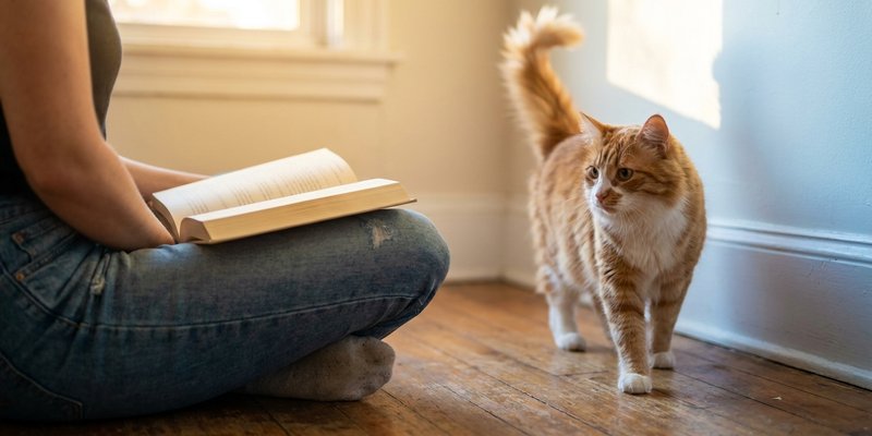 Persona leyendo en el suelo mientras un gato se acerca por su cuenta