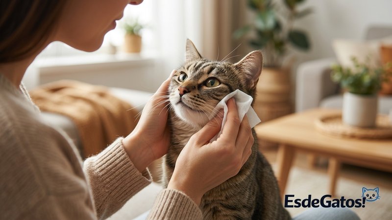 Una persona limpiando con delicadeza la cara de un gato con una toallita húmeda, evitando los ojos