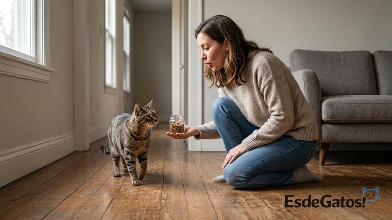 Una persona llamando suavemente a su gato desde poca distancia dentro de una sala