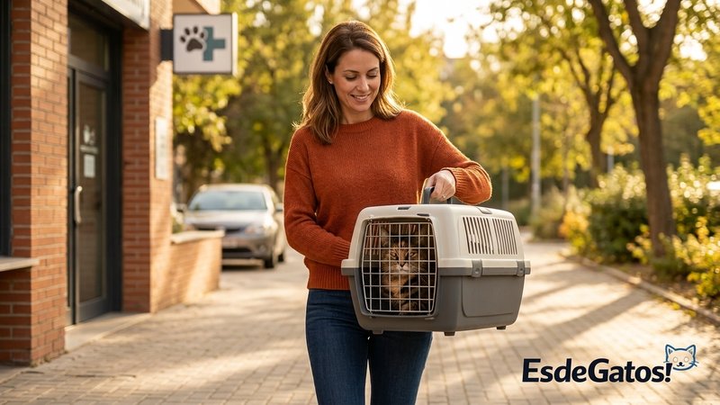 Una persona llevándose a su gato a casa dentro de un transportín tras la visita al veterinario