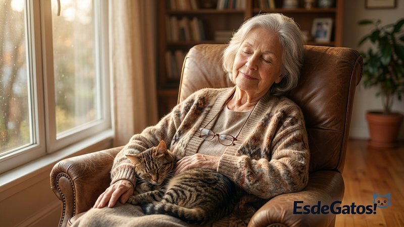 Una persona mayor descansando plácidamente en un sillón con un gato dormido en su regazo, con expresión de paz