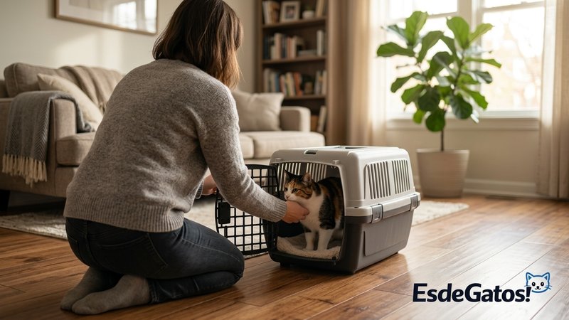 Una persona metiendo a un gato de espaldas en un transportín abierto, en el suelo del salón