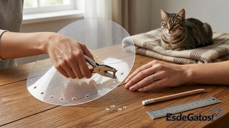 Una persona modificando cuidadosamente un collar isabelino rígido sobre una mesa de madera