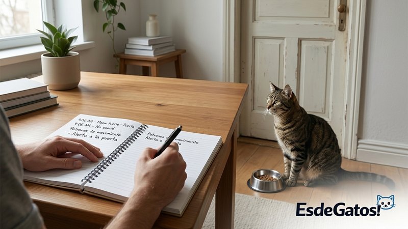 Una persona observando a su gato en casa y tomando notas en una libreta mientras el gato