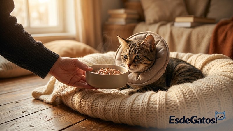 Una persona ofreciendo un cuenco de comida templada a un gato que se recupera tumbado en su cama