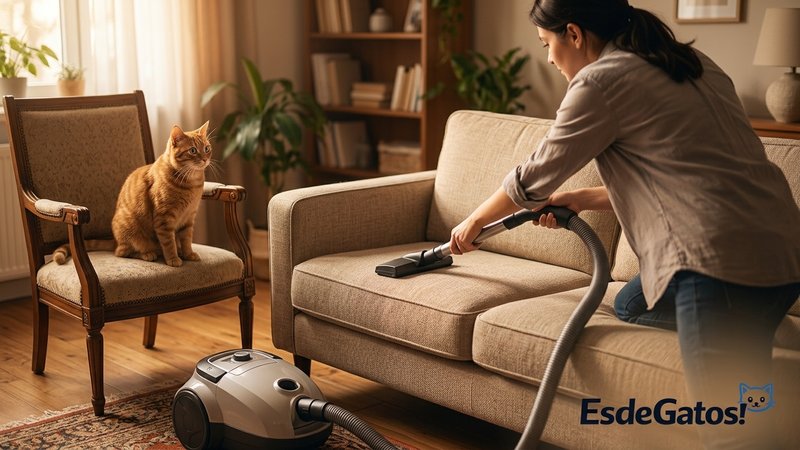Una persona pasando la aspiradora por el sofá mientras su gato la observa desde un lado