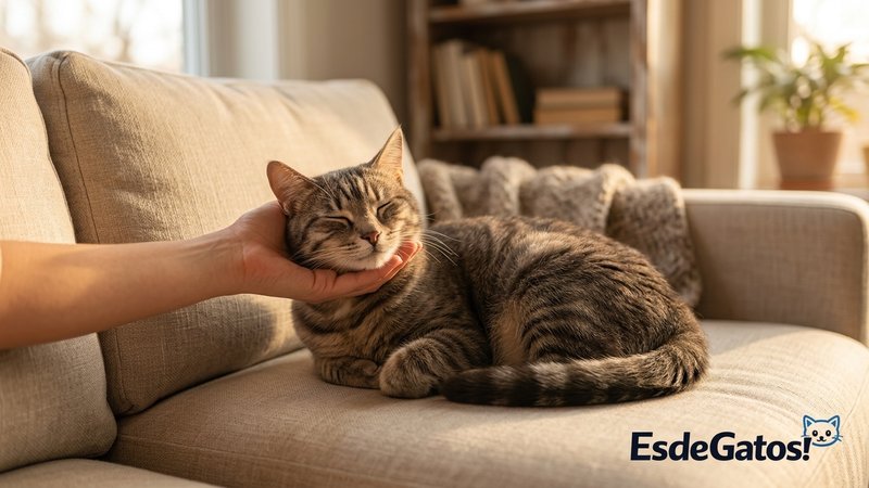 Una persona premiando con caricias suaves a un gato tranquilo que ronronea a su lado en el sofá, en un ambiente