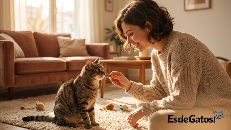 Una persona premiando con una chuche a su gato justo después de hacer algo bien, en el salón