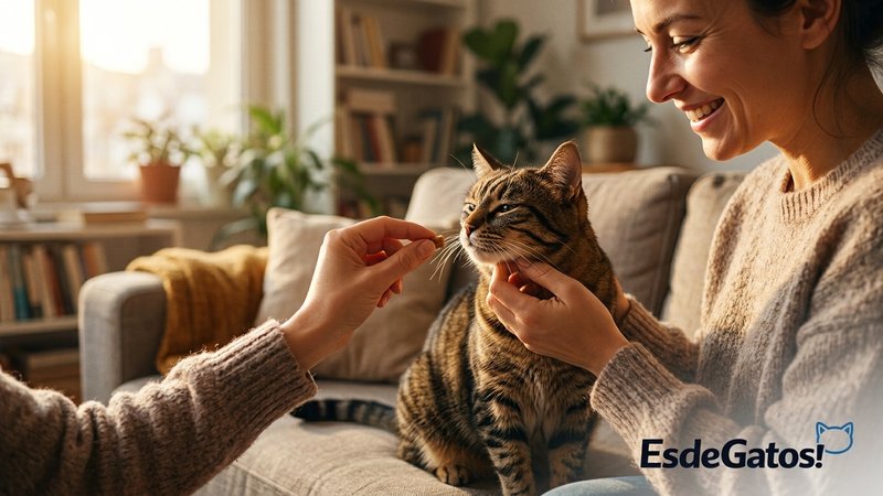 Una persona premiando a su gato con una caricia y un premio en la mano, en el salón