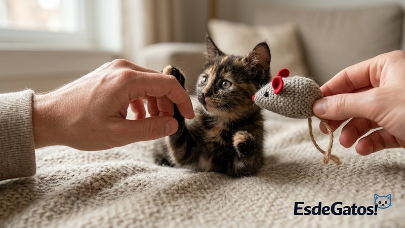 Una persona retirando la mano y ofreciendo un juguete de tela a un gatito en lugar de dejar que muerda sus dedos