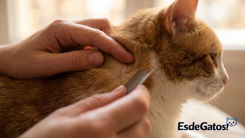 Una persona revisando de cerca el pelaje de un gato, apartando el pelo con los dedos para buscar parásitos