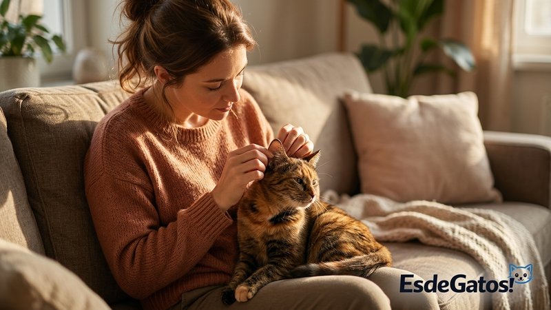 Una persona revisando con delicadeza la oreja de su gato en el sofá de casa, en una rutina tranquila
