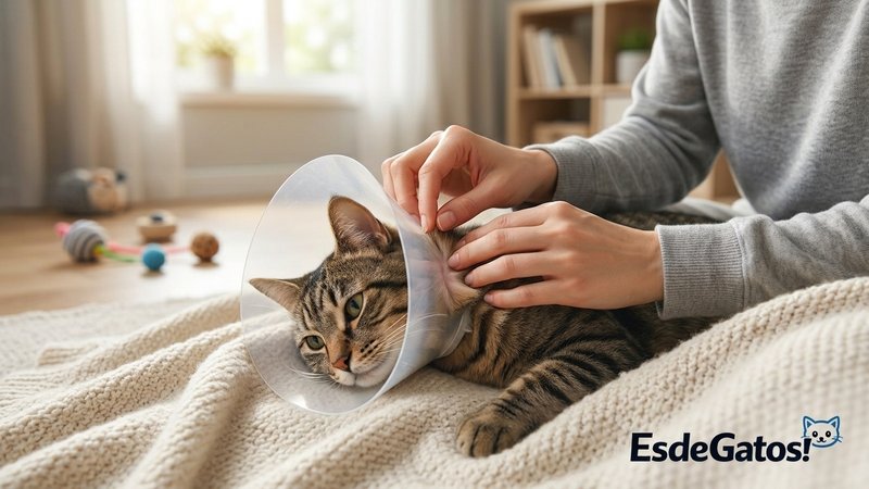 Una persona revisando suavemente el cuello de un gato que lleva collar isabelino