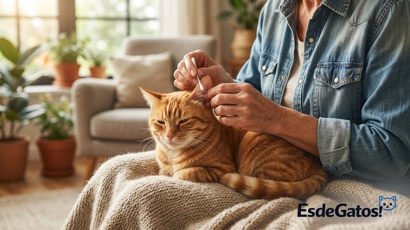 Una persona revisando tranquilamente las orejas de un gato contento sentado en su regazo, como rutina de cuidado
