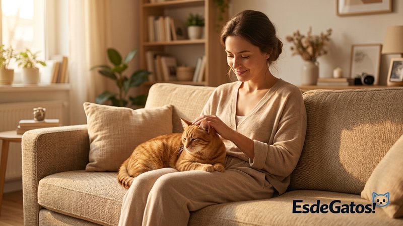 Una persona sentada con calma junto a su gato en el sofá, en un ambiente tranquilo y de confianza
