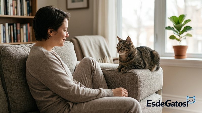 Una persona sentada en el sofá observando con atención a su gato, que la mira desde el reposabrazos, en un ambiente