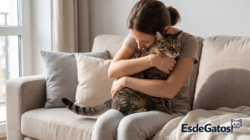 Una persona sentada en un sofá intentando abrazar demasiado a un gato adulto