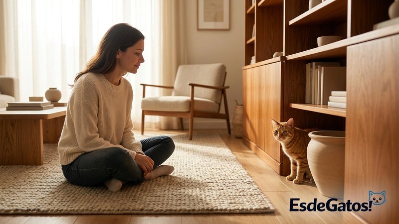 Una persona sentada en el suelo a cierta distancia de un gato nervioso