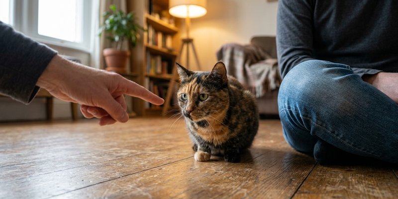 Persona sentada en el suelo ofreciendo el dedo indice a un gato desconfiado