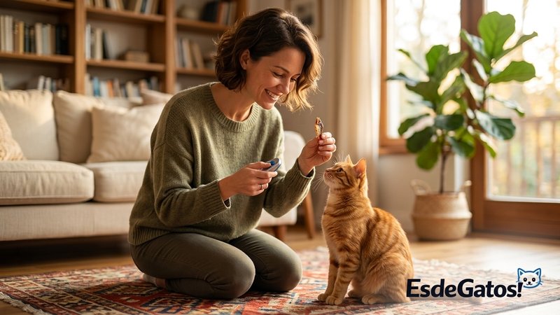 Una persona sonriente y relajada entrenando a su gato en un ambiente hogareño y agradable