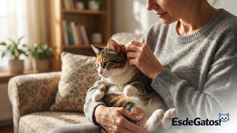 Una persona sujetando con suavidad a un gato por la piel del cuello, como hace la madre gata, en el salón