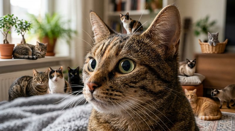 Un primer plano del rostro de un gato atigrado con las pupilas dilatadas, las orejas erguidas y los bigotes bien definid