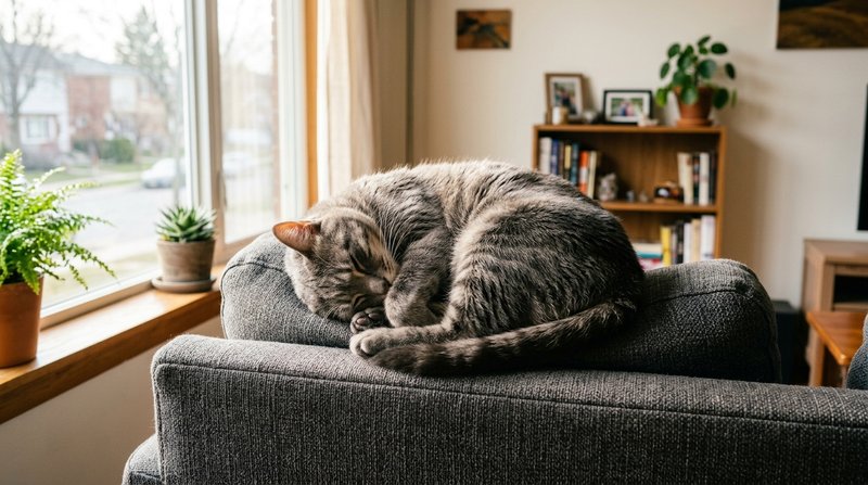 Un gato gris profundamente dormido y hecho un ovillo sobre el respaldo de un sofá, en un apartamento pequeño, con un ray