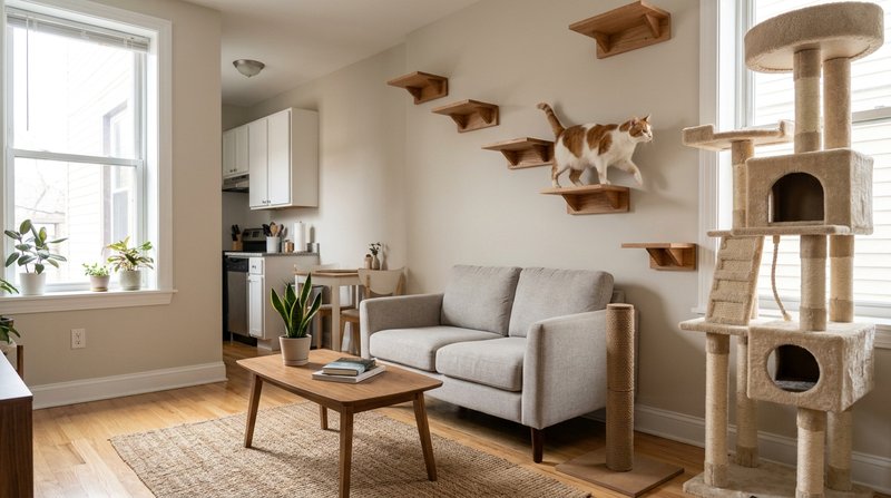 Un salón pequeño adaptado para un gato, con árbol para gatos, rascador y repisas en la pared, y un gato blanco y naranja