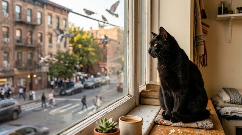 Un gato negro sentado en el alféizar de una ventana mirando la calle a través del cristal, con pájaros al fondo desenfoc