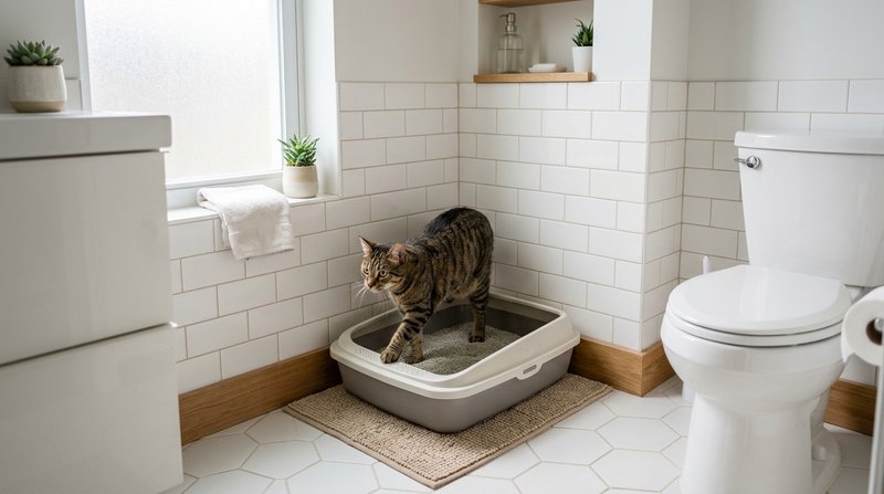 Un arenero limpio y recién cambiado en el rincón de un baño luminoso, con un gato atigrado a punto de entrar en él, ambi